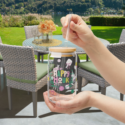 Happy Hour - Glass Can Cup w/Bamboo Lid & Straw