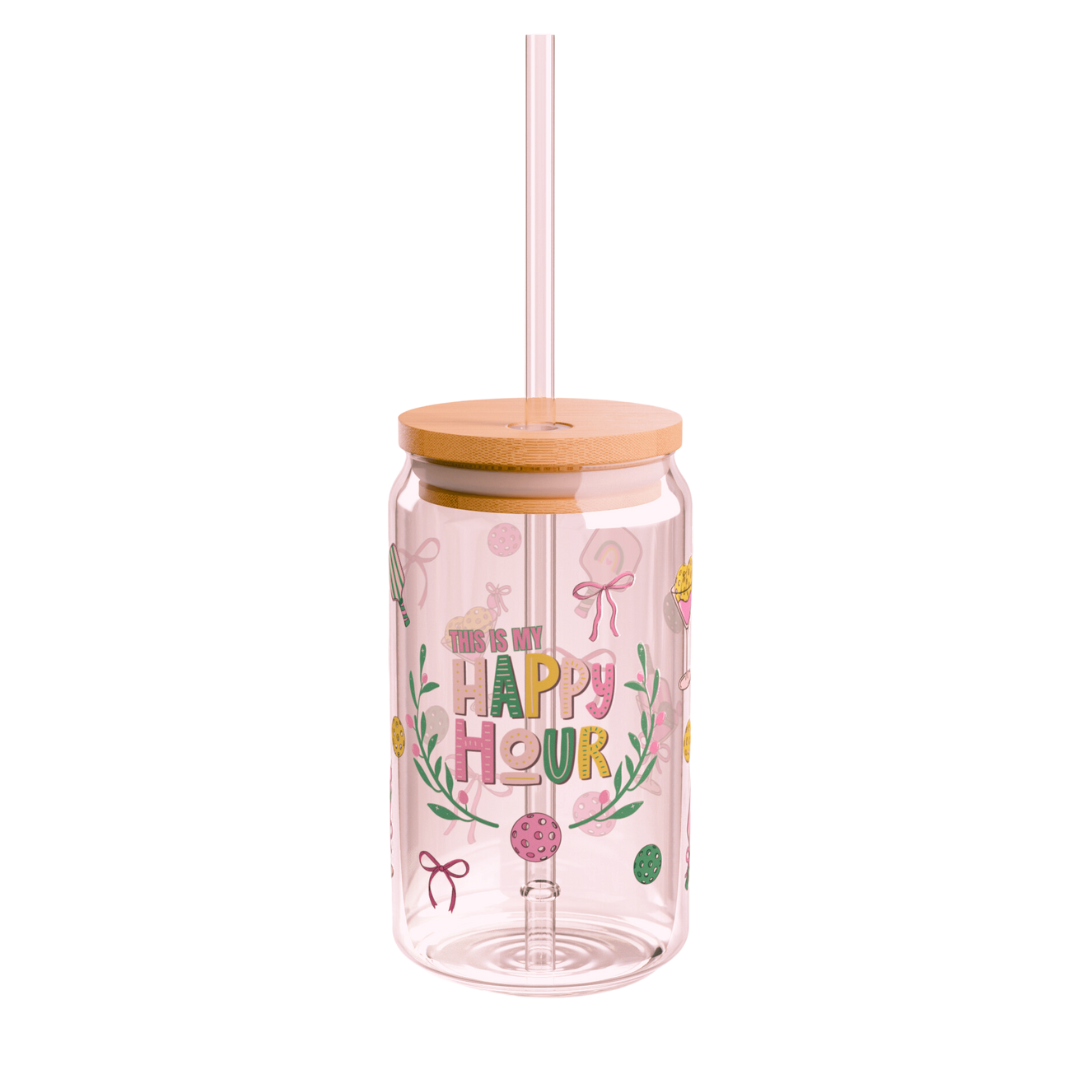 Happy Hour - Glass Can Cup w/Bamboo Lid & Straw