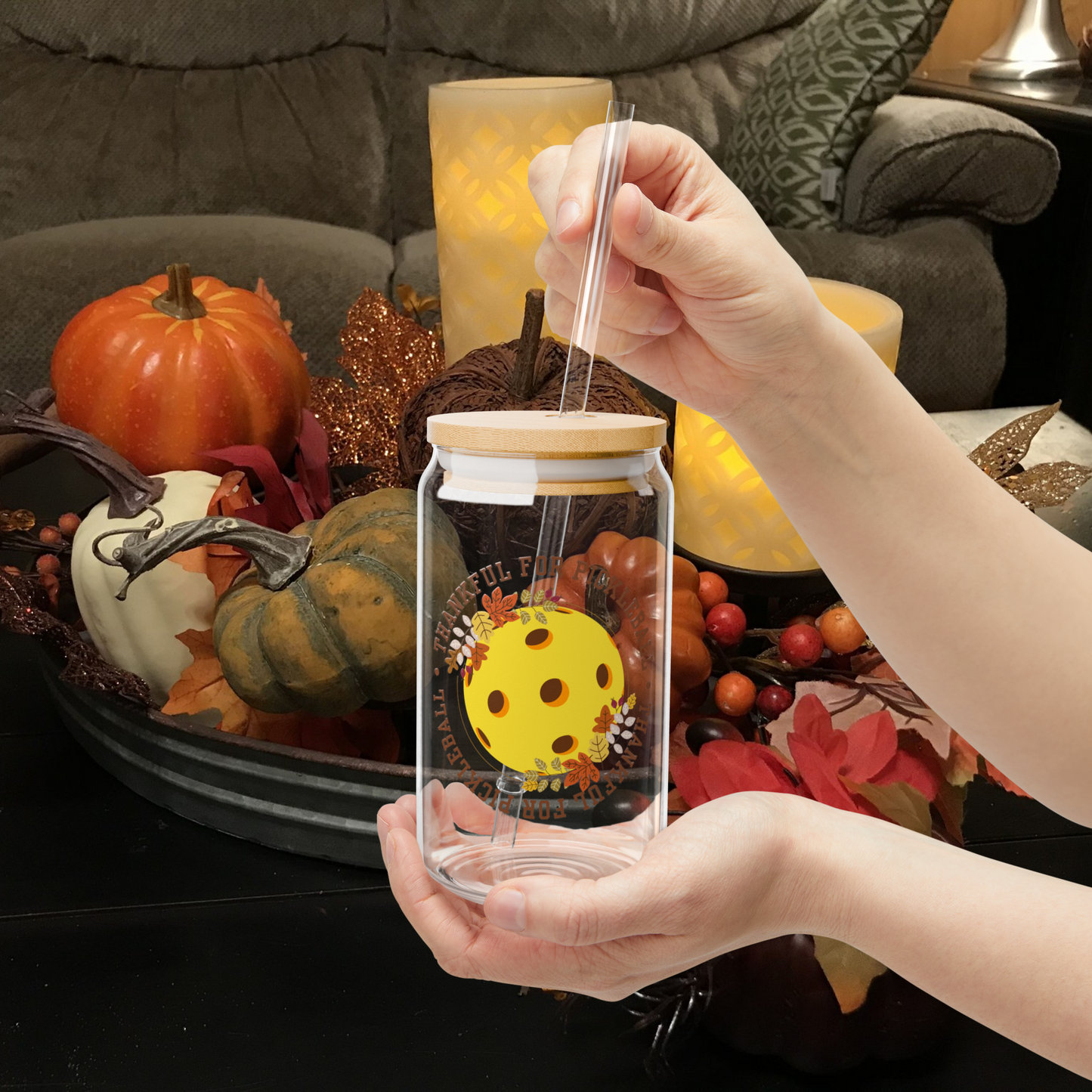 FALL Glass Can Cup - THANKFUL for Pickleball